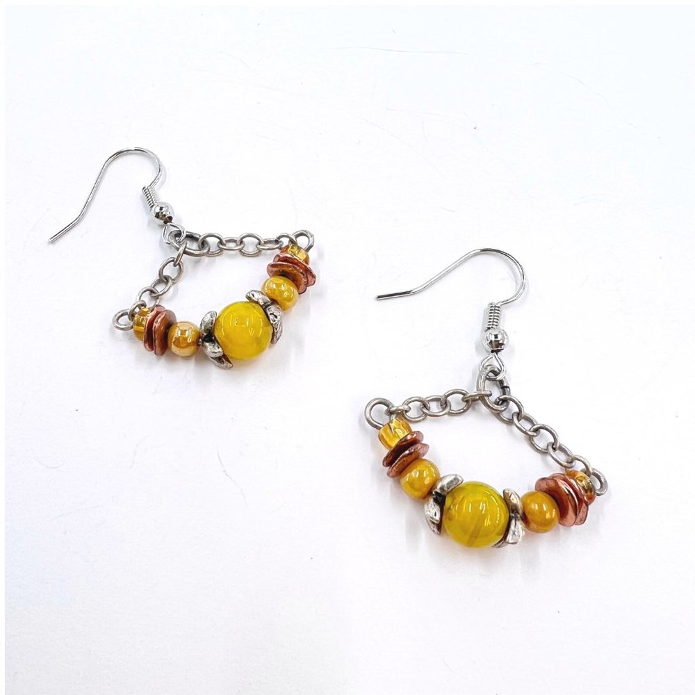 NWT – Chico’s – BOHO Yellow & Copper Beaded Silver Tone Dangle Fishhook Earrings - Picture 3 of 8